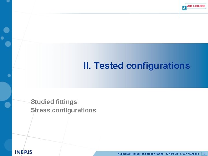 II. Tested configurations Studied fittings Stress configurations H 2 potential leakage on stressed fittings