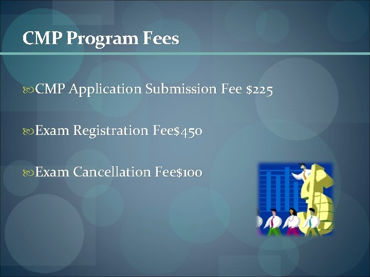 CMP Program Fees CMP Application Submission Fee $225 Exam Registration Fee$450 Exam Cancellation Fee$100