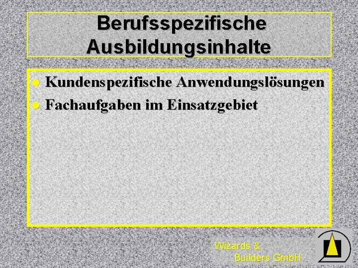 Berufsspezifische Ausbildungsinhalte Kundenspezifische Anwendungslösungen l Fachaufgaben im Einsatzgebiet l Wizards & Builders Gmb. H