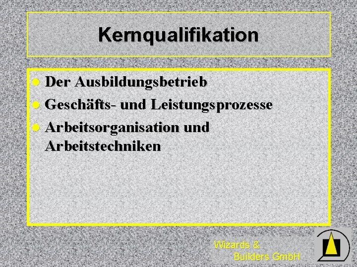 Kernqualifikation Der Ausbildungsbetrieb l Geschäfts- und Leistungsprozesse l Arbeitsorganisation und Arbeitstechniken l Wizards &