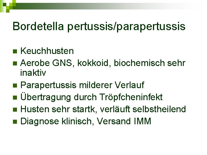 Bordetella pertussis/parapertussis Keuchhusten n Aerobe GNS, kokkoid, biochemisch sehr inaktiv n Parapertussis milderer Verlauf