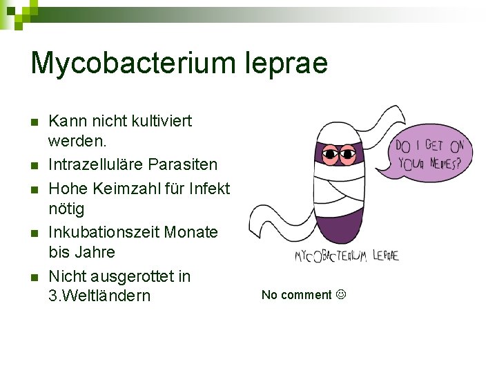 Mycobacterium leprae n n n Kann nicht kultiviert werden. Intrazelluläre Parasiten Hohe Keimzahl für