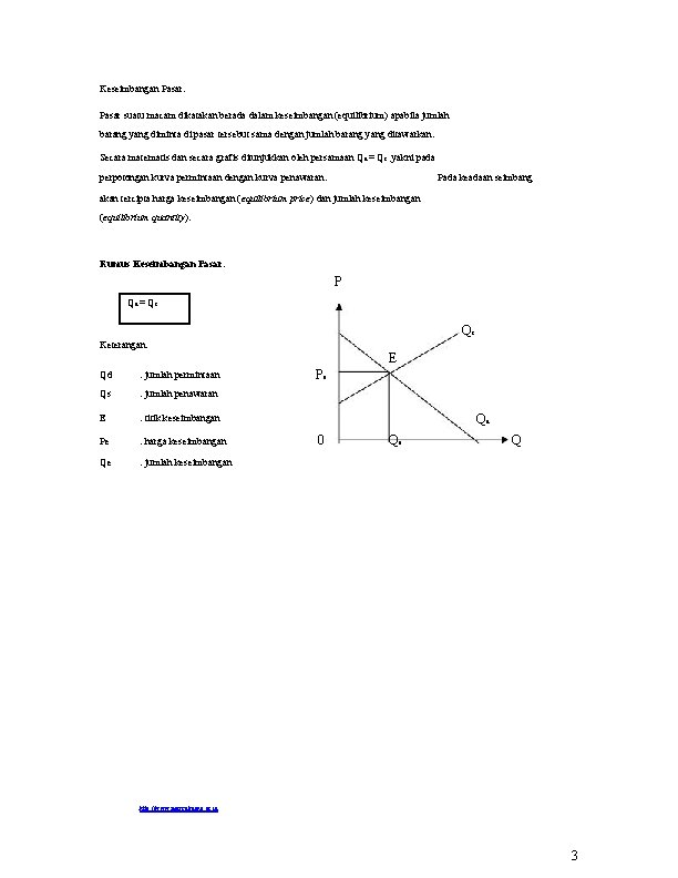 Keseimbangan Pasar: Pasar suatu macam dikatakan berada dalam keseimbangan (equilibrium) apabila jumlah barang yang