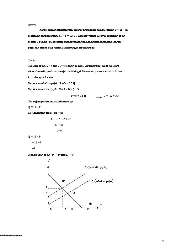 Contoh: Fungsi permintaan akan suatu barang ditunjukkan oleh persamaan P = 15 – Q,