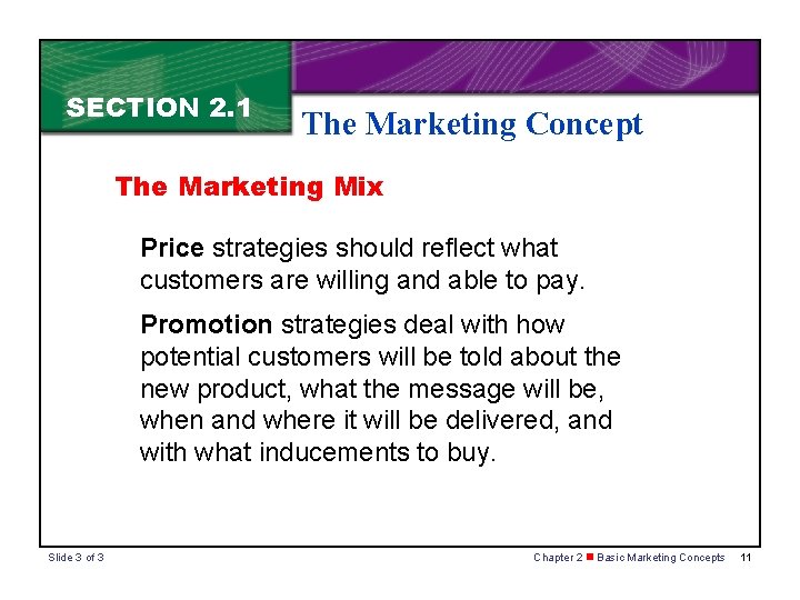 SECTION 2. 1 The Marketing Concept The Marketing Mix Price strategies should reflect what