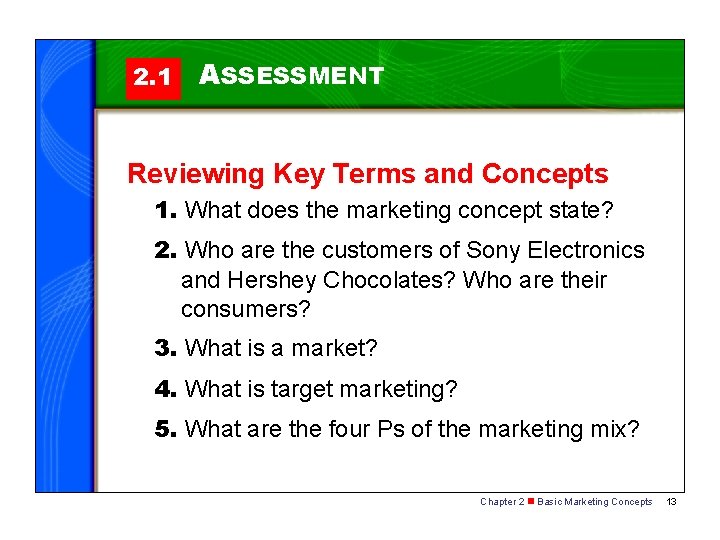 2. 1 ASSESSMENT Reviewing Key Terms and Concepts 1. What does the marketing concept