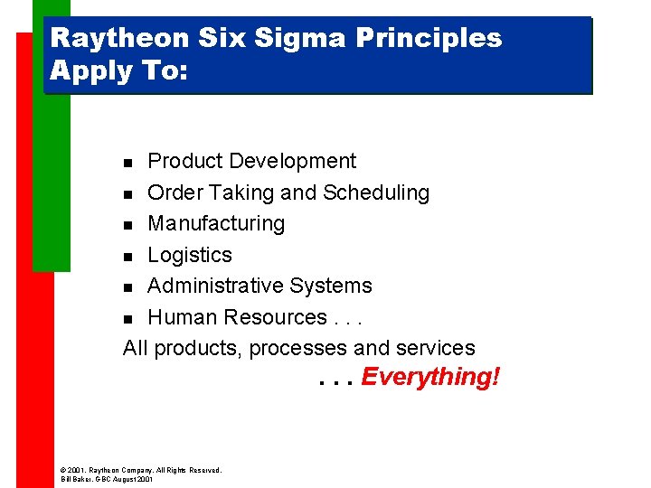 Raytheon Six Sigma Principles Apply To: Product Development n Order Taking and Scheduling n