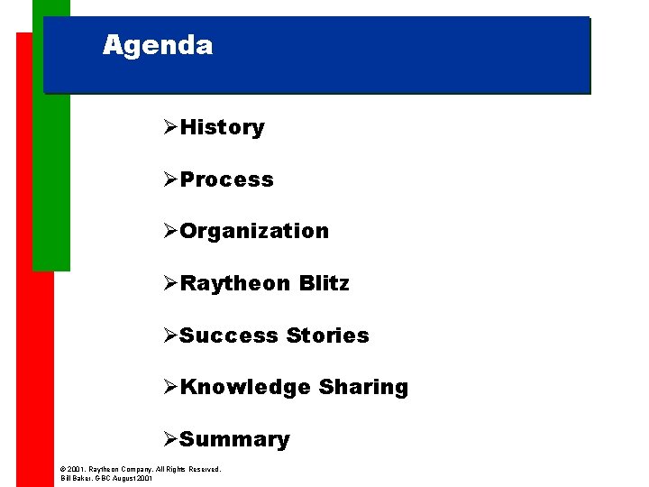 Agenda ØHistory ØProcess ØOrganization ØRaytheon Blitz ØSuccess Stories ØKnowledge Sharing ØSummary © 2001, Raytheon