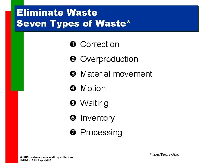 Eliminate Waste Seven Types of Waste* Correction Overproduction Material movement Motion Waiting Inventory Processing