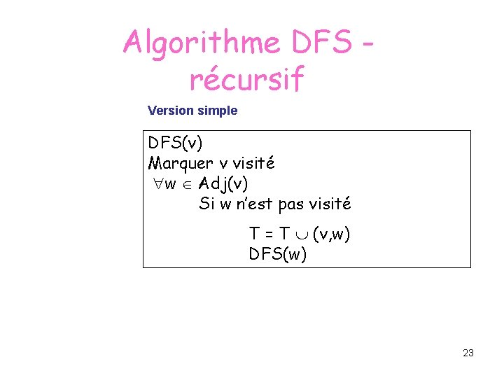 Algorithme DFS récursif Version simple DFS(v) Marquer v visité w Adj(v) Si w n’est