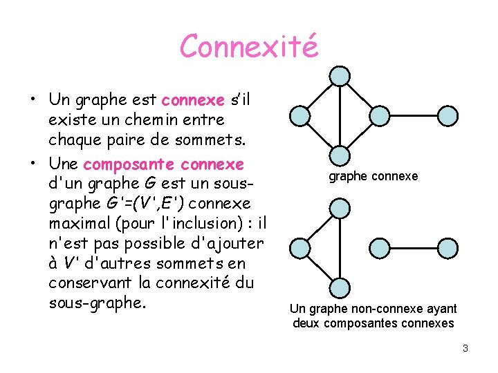 Connexité • Un graphe est connexe s’il existe un chemin entre chaque paire de