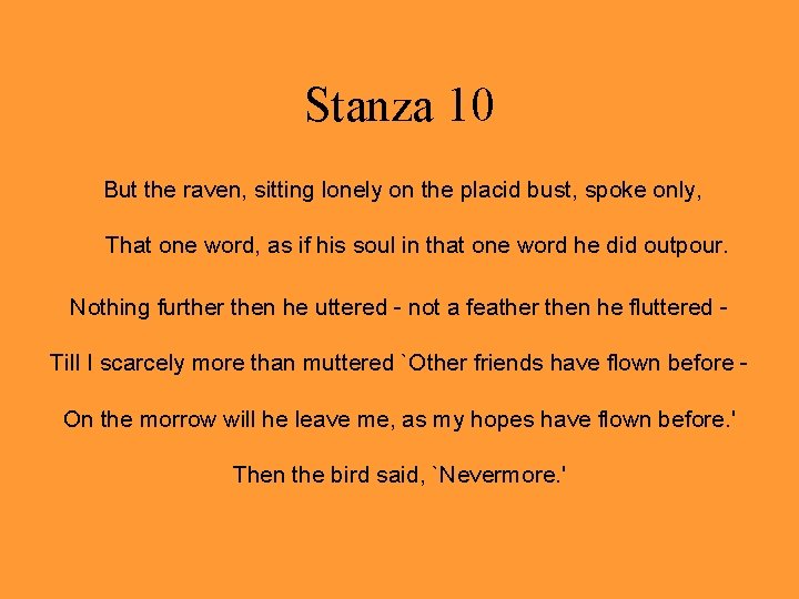 Stanza 10 But the raven, sitting lonely on the placid bust, spoke only, That