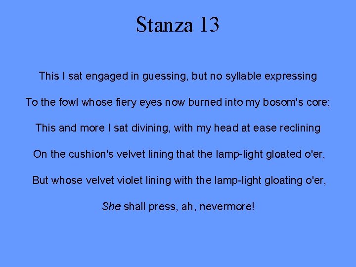 Stanza 13 This I sat engaged in guessing, but no syllable expressing To the