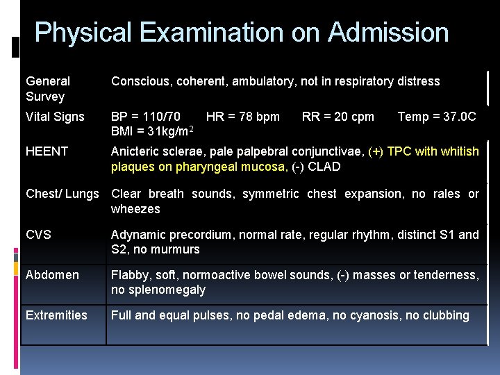 Physical Examination on Admission General Survey Conscious, coherent, ambulatory, not in respiratory distress Vital