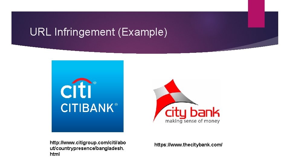 URL Infringement (Example) http: //www. citigroup. com/citi/abo ut/countrypresence/bangladesh. html https: //www. thecitybank. com/ 