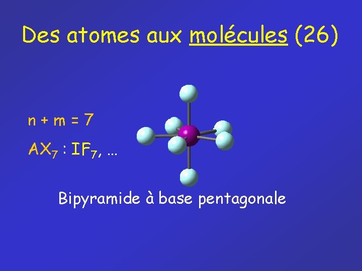 Des atomes aux molécules (26) n+m=7 AX 7 : IF 7, … Bipyramide à