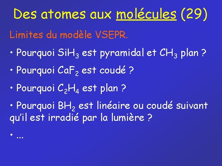 Des atomes aux molécules (29) Limites du modèle VSEPR. • Pourquoi Si. H 3