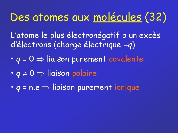 Des atomes aux molécules (32) L’atome le plus électronégatif a un excès d’électrons (charge