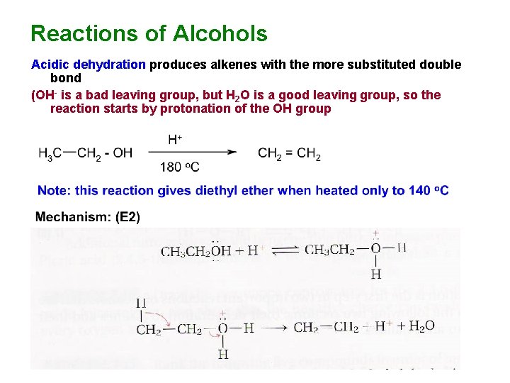 Reactions of Alcohols Acidic dehydration produces alkenes with the more substituted double bond (OH-