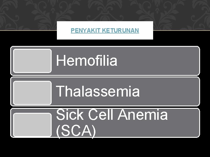 PENYAKIT KETURUNAN Hemofilia Thalassemia Sick Cell Anemia (SCA) 