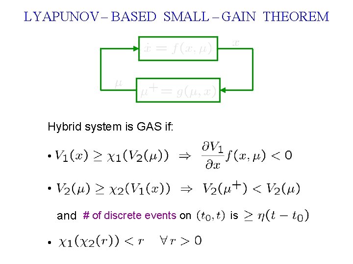 LYAPUNOV – BASED SMALL – GAIN THEOREM Hybrid system is GAS if: • •