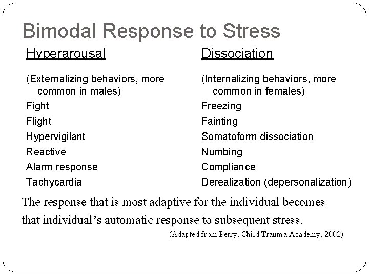 Bimodal Response to Stress Hyperarousal Dissociation (Externalizing behaviors, more common in males) Fight Flight