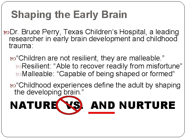 Shaping the Early Brain Dr. Bruce Perry, Texas Children’s Hospital, a leading researcher in