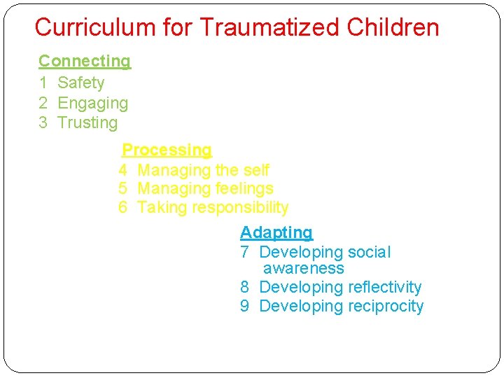 Curriculum for Traumatized Children Connecting 1 Safety 2 Engaging 3 Trusting Processing 4 Managing