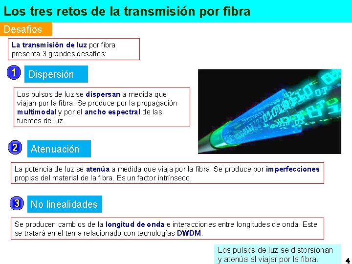 Los tres retos de la transmisión por fibra Desafíos La transmisión de luz por