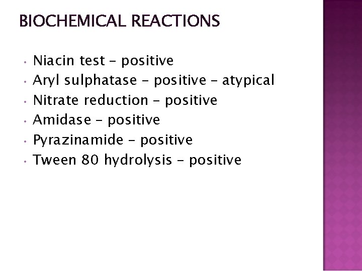 BIOCHEMICAL REACTIONS Niacin test – positive • Aryl sulphatase – positive – atypical •