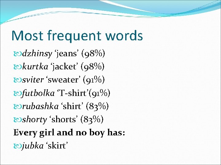 Most frequent words dzhinsy ‘jeans’ (98%) kurtka ‘jacket’ (98%) sviter ‘sweater’ (91%) futbolka ‘T-shirt’(91%)
