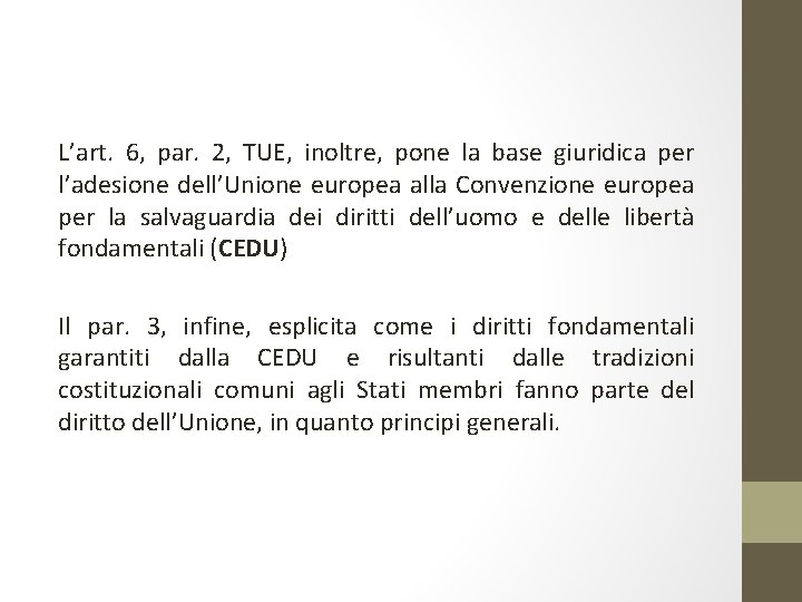 L’art. 6, par. 2, TUE, inoltre, pone la base giuridica per l’adesione dell’Unione europea