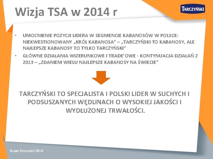 Wizja TSA w 2014 r • • UMOCNIENIE POZYCJI LIDERA W SEGMENCIE KABANOSÓW W