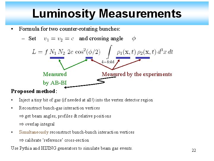 Luminosity Measurements • Formula for two counter-rotating bunches: – Set and crossing angle Measured
