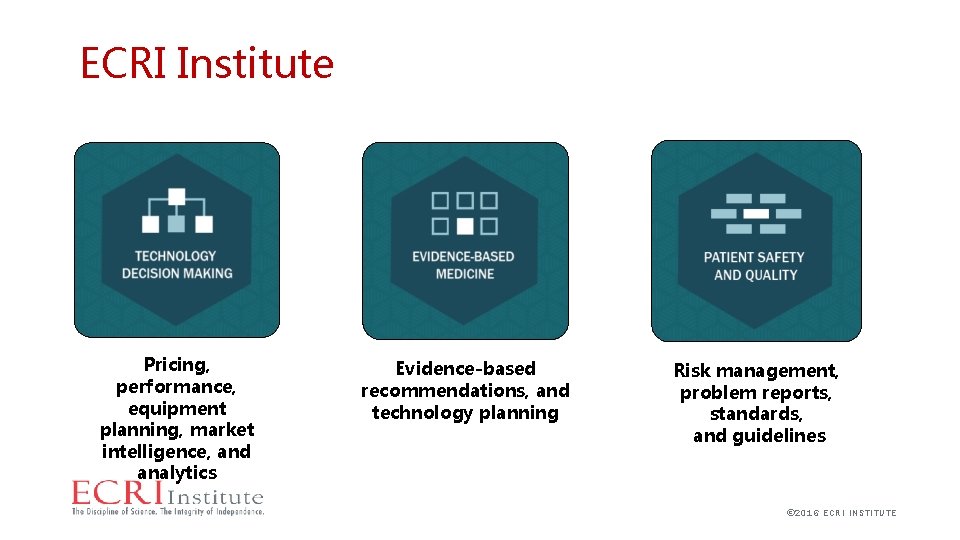 ECRI Institute Pricing, performance, equipment planning, market intelligence, and analytics Evidence-based recommendations, and technology