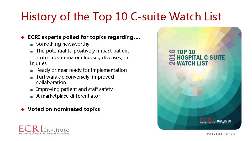 History of the Top 10 C-suite Watch List ECRI experts polled for topics regarding….