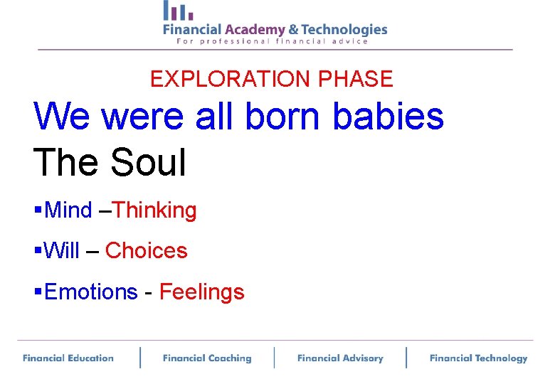 EXPLORATION PHASE We were all born babies The Soul §Mind –Thinking §Will – Choices