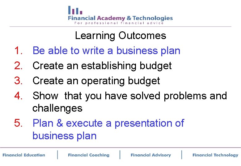 1. 2. 3. 4. 5. Learning Outcomes Be able to write a business plan