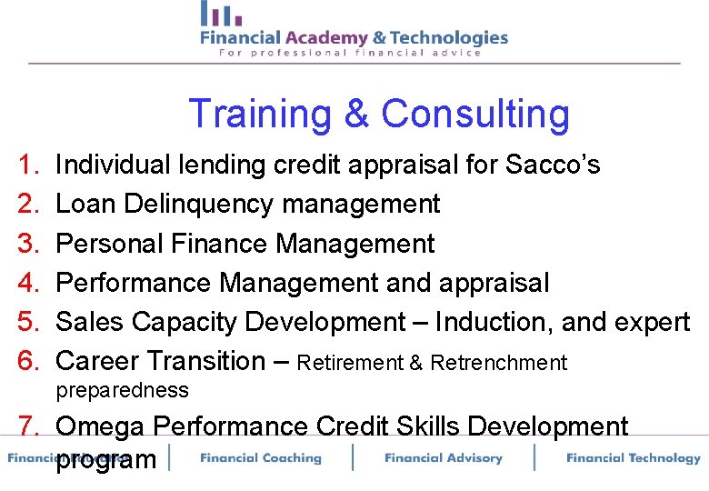 Training & Consulting 1. 2. 3. 4. 5. 6. Individual lending credit appraisal for