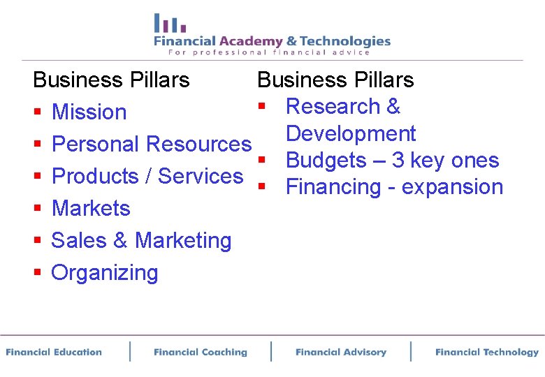 Business Pillars § Research & § Mission Development § Personal Resources § Budgets –