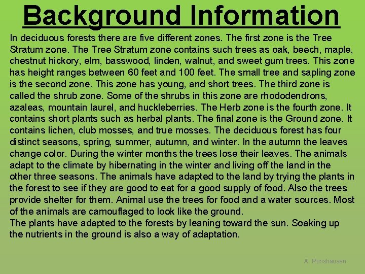 Background Information In deciduous forests there are five different zones. The first zone is