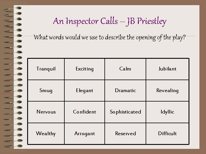 An Inspector Calls – JB Priestley What words would we use to describe the