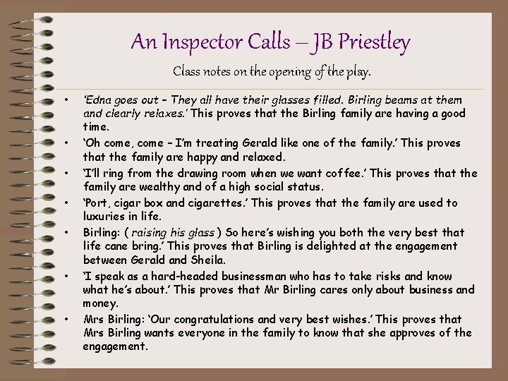 An Inspector Calls – JB Priestley Class notes on the opening of the play.