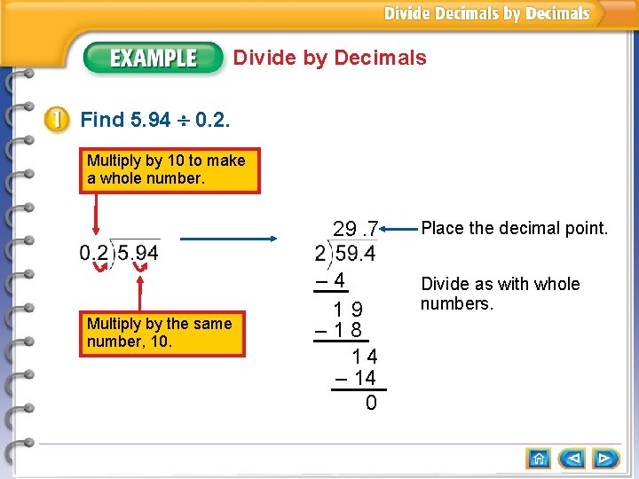 Divide by Decimals Find 5. 94 0. 2. Multiply by 10 to make a