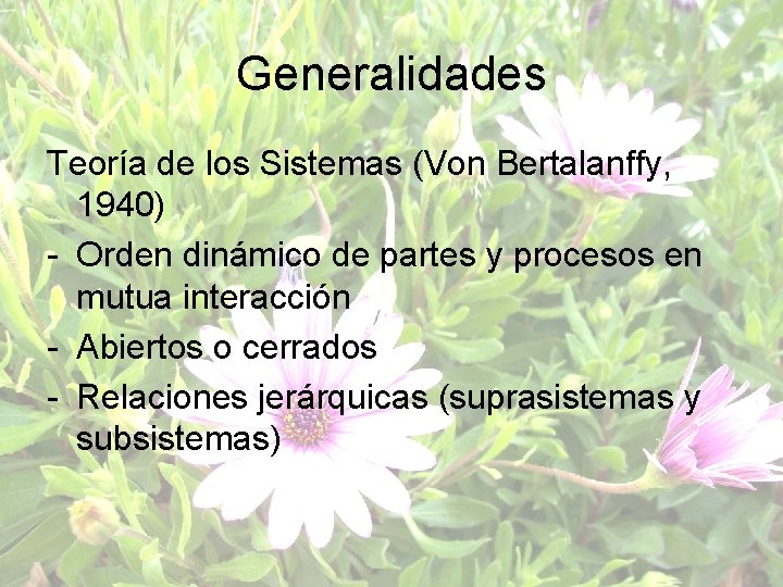 Generalidades Teoría de los Sistemas (Von Bertalanffy, 1940) - Orden dinámico de partes y