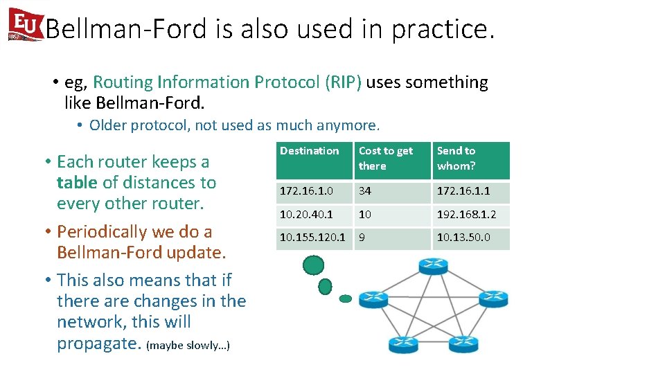 Bellman-Ford is also used in practice. • eg, Routing Information Protocol (RIP) uses something