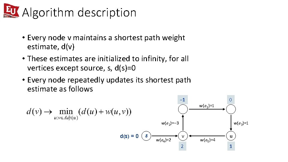 Algorithm description • Every node v maintains a shortest path weight estimate, d(v) •
