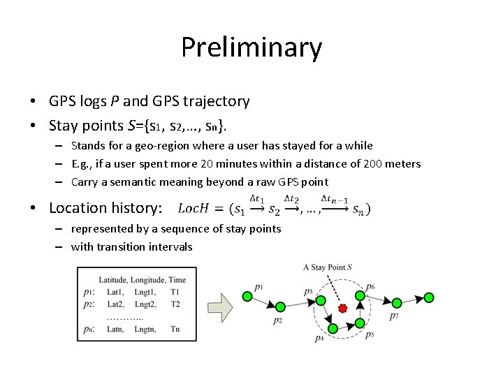Preliminary • GPS logs P and GPS trajectory • Stay points S={s 1, s