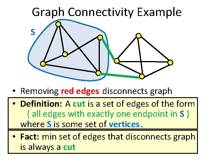 Graph Connectivity Example S • Removing red edges disconnects graph • Definition: A cut