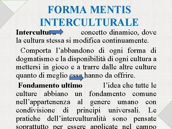 FORMA MENTIS INTERCULTURALE Intercultura concetto dinamico, dove la cultura stessa si modifica continuamente. Comporta
